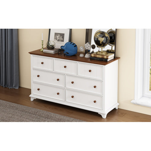 Wooden Captain Seven-Drawer Dresser For Bedroom, Living Room, Kids' Room, White Walnut
