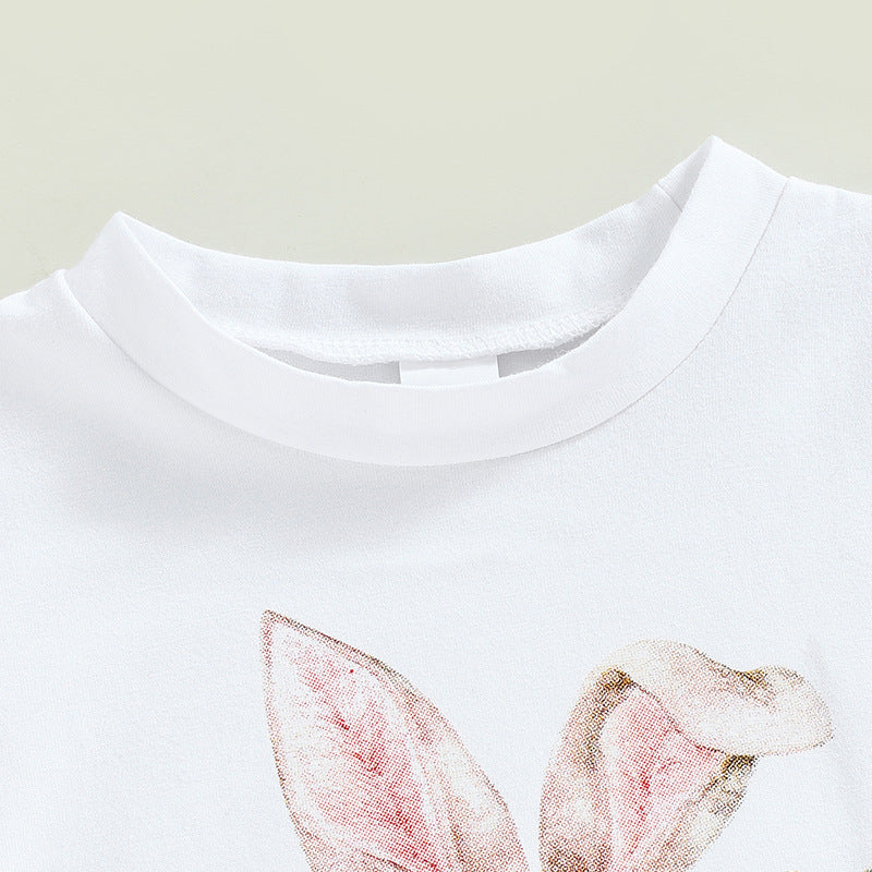 Easter Bunny Print Tassel Short-Sleeve Flare Pants Two-Piece Set