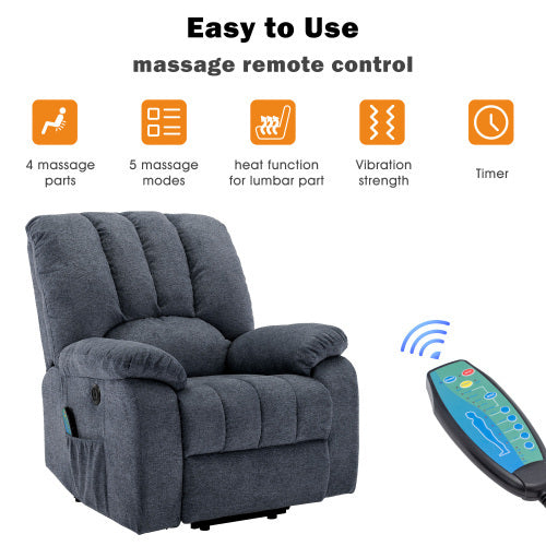 Electric Power Lift Recliner Chair Sofa With Massage And Heat For Elderly 2 Side Pockets USB Ports Single Recliner Chairs For Living Room Overstuffed Fabric Reclining