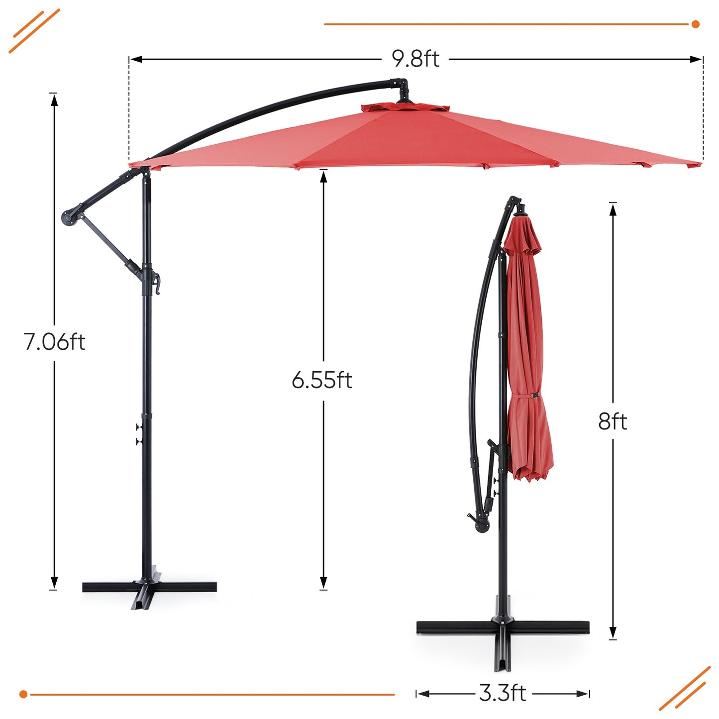 9.8FT Offset Patio Umbrella Hanging Cantilever Umbrella Outdoor Sun Shade With Easy Tilt Adjustment, 8 Ribs, UV Protection For Backyard, Lawn