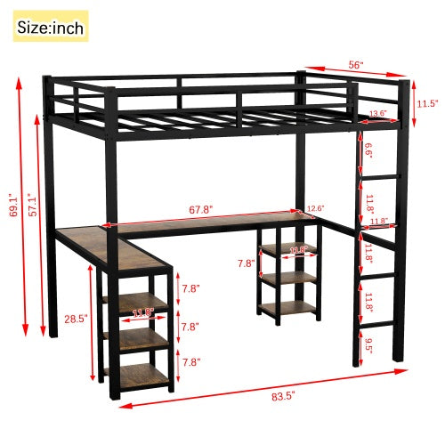 Full XL Metal Loft Bed With Desk And Shelves, Loft Bed With Ladder And Guardrails, Loft Bed Frame For Bedroom, Black