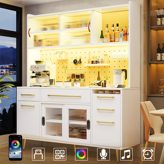Modernes Sideboard Mit LED Beleuchtung Hochschrank Fur Kuche Wohnzimmer, Aufbewahrungsschrank Mit Lochwand, Schublade Glasboden, White