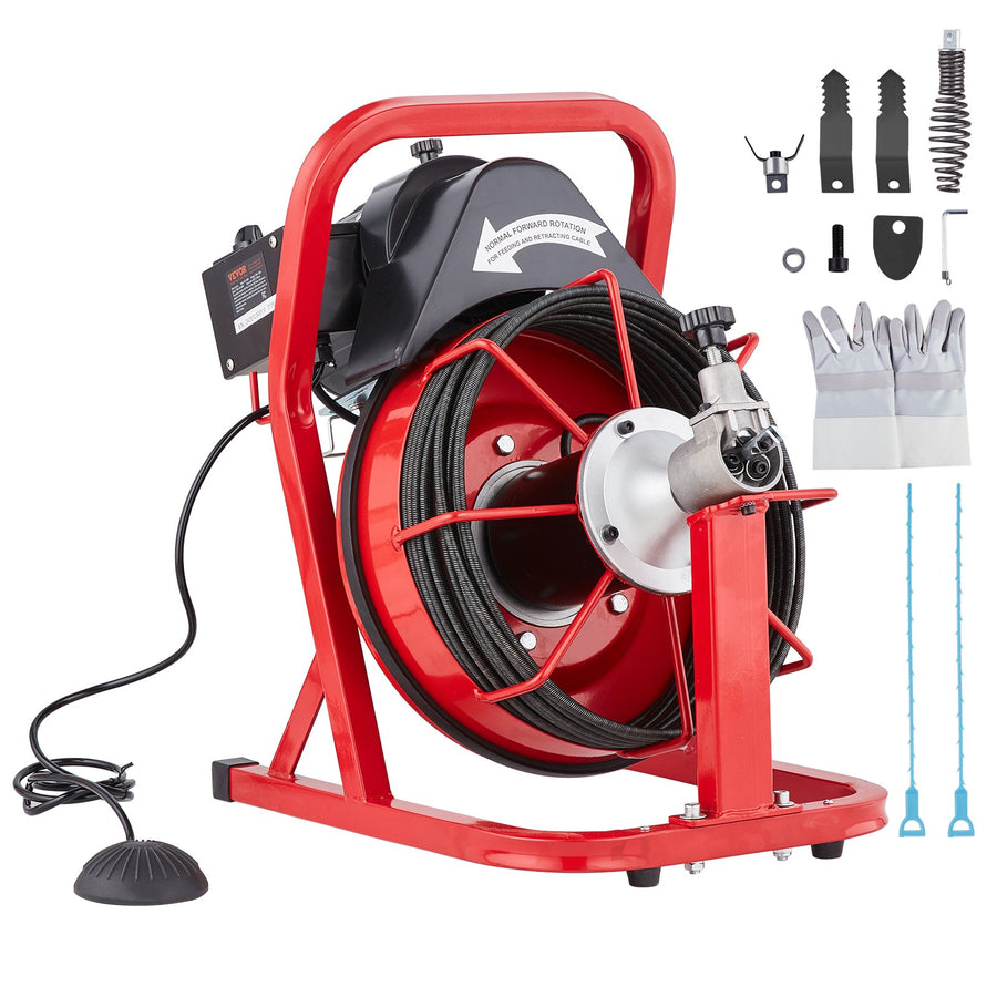 Rohrreinigungsmaschine 15 M X 7,62 Mm, Automatische Rohrreinigungsspirale, Elektrische Rohrreinigungsmaschine Mit 4 Schneidern Und Luftaktiviertem Fußschalter Für 50,8 Mm Bis 101,6 Mm Rohre
