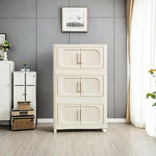Cream White 19.69 Side Wide Folding Storage Cabinet ,3 Tiers,19.69x11.81x31.1,Collapsible Storage Bins With Magnetic Door, Plastic Storage Cabinet With Wheels