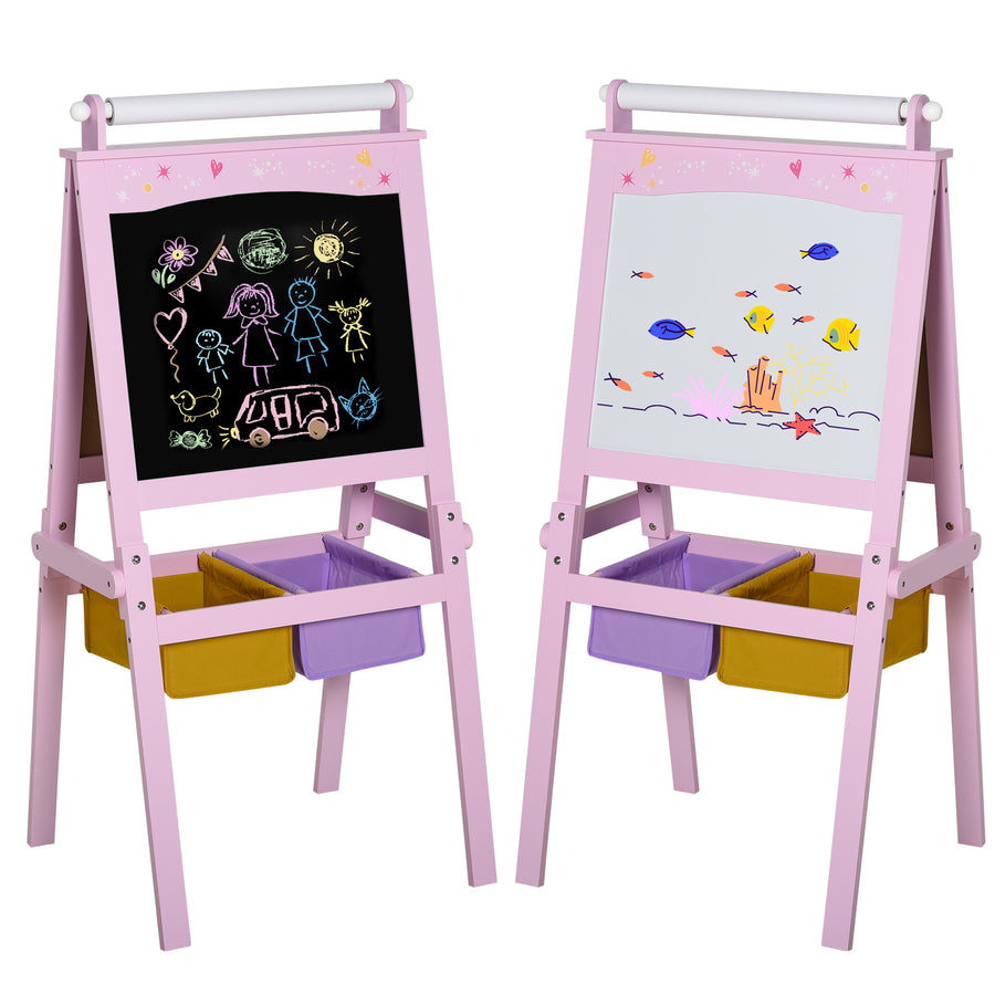 Kids Easel 3 In 1 Wooden Art Easel With Paper Roll Double-Sided Chalkboard & Whiteboard With Storage Baskets For Toddler Girls, Pink