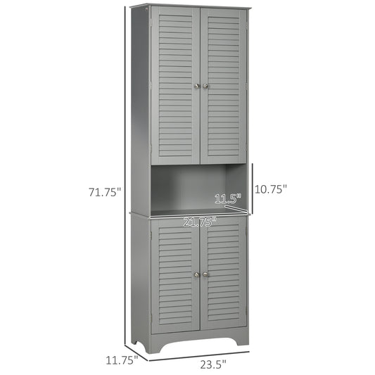 Tall Narrow Bathroom Storage Cabinet with Doors and Shelf Adjustability, Freestanding Linen Cabinet with 2 Cabinets and Countertop, Gray