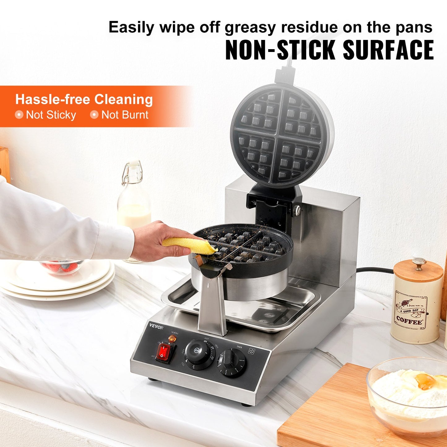 Rundes Waffeleisen Waffel 1300 W, Kontaktgrill Belgische Waffeleisen 4 Stk. Edelstahl Waffeln Automat Inkl. Lebensmittelclip & Bürsten & Verbrühungssicherer Griff, Für Cafés, Restaurant Usw.