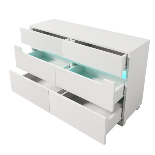 Sideboard Cabinet Dresser With 6 Drawers,Storage With RGB LED App Control, Sideboard With Cut-out Handles, 6-drawers Chest Of Drawers, 71 X 120 X 40 Cm, White