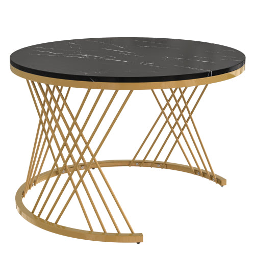 2 In 1 Round Coffee Table Made Of MDF With Marble Grain Veneer Top, Rattan Drawers And Solid Wood Handles. Gold Coloured Iron Legs. 70x70x45.5 50x50x38.5cm