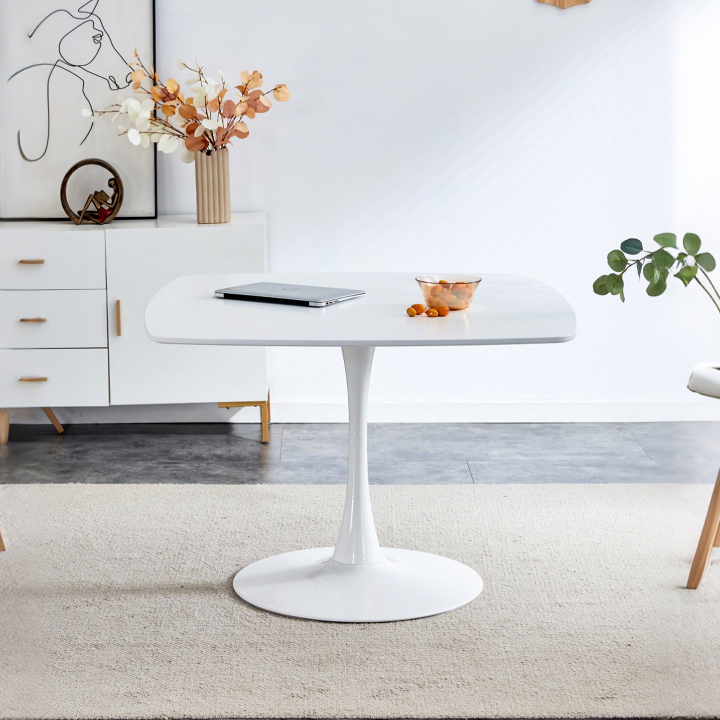 42-inch Mid-Century Modern Pedestal Table, Multi-Functional Dining Table For 4-6 People & Large Coffee Table, White MDF Top For Living Room, Kitchen, Office