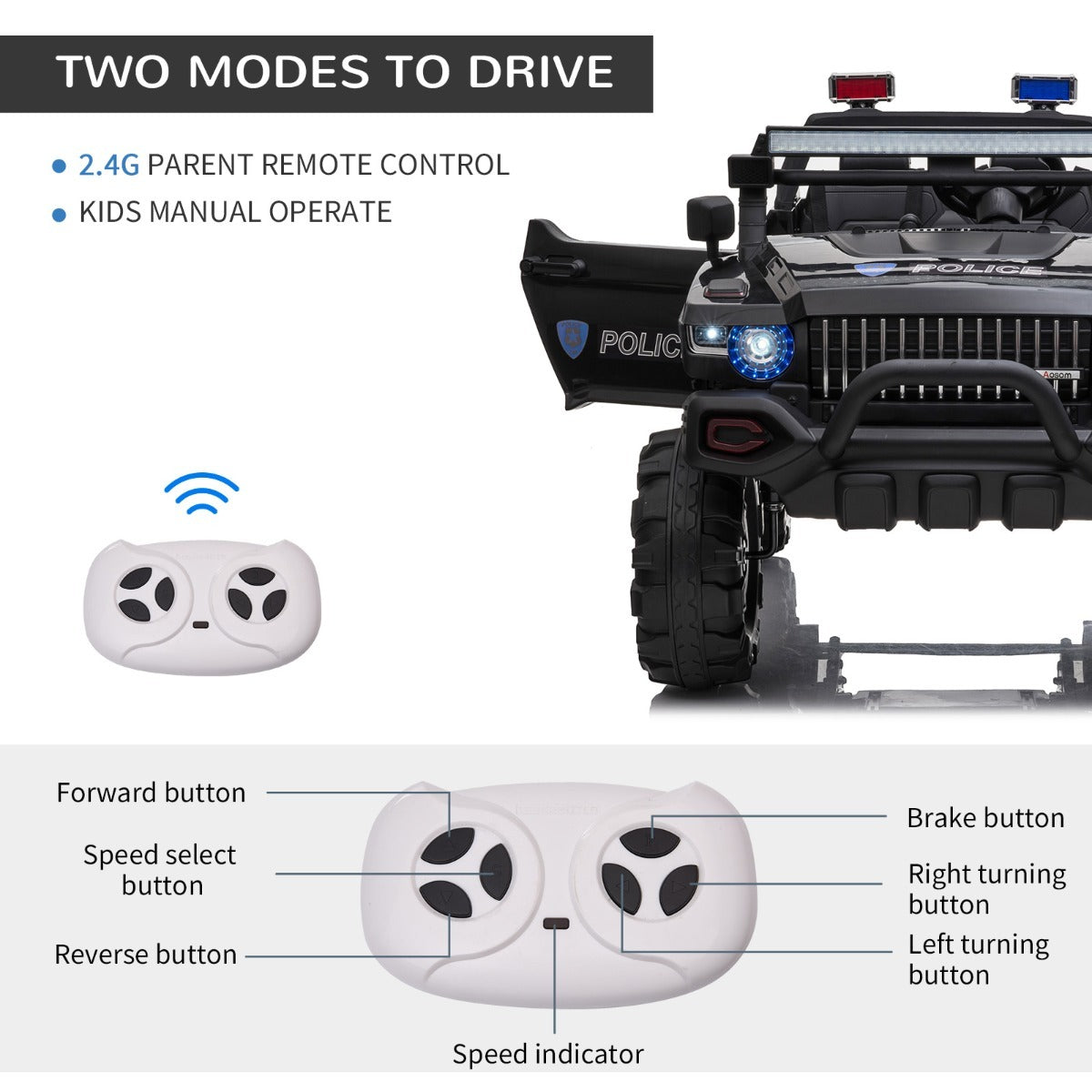 12V Electric Police Ride-on Toy For Kids LED Lights MP3 Parental Remote Black