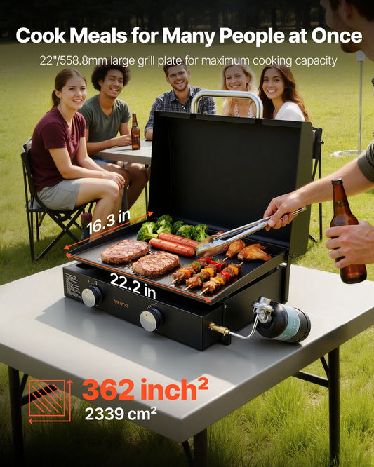 Gas Griddle, 2 Burner Tabletop Griddle, 22 Inch Portable Griddles Propane With Lid, Oil Drain Hole & Oil Collection Tray, 2 X 11000BTU Camping Flat Top Grill For Outdoor Cooking, Tailgating