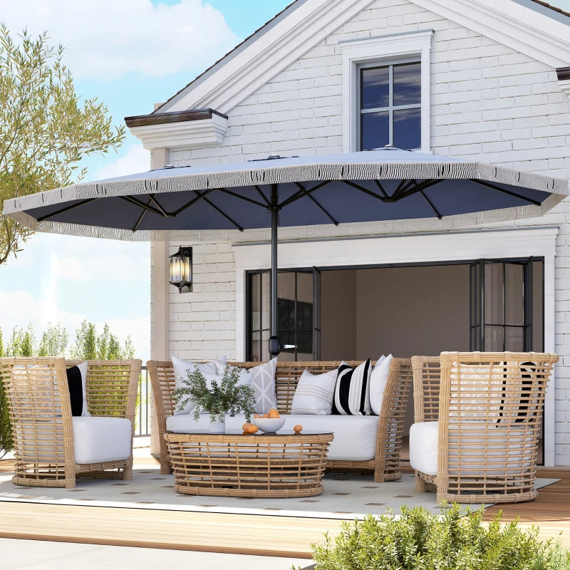 15ft Rectangle Patio Umbrella UPF30 Extra Large Outdoor Umbrella With Fringe And Crank Handle, Dark Blue