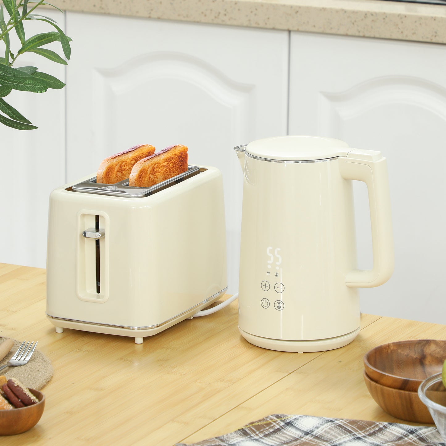 Digital Stainless Steel Kettle And Toaster Set, 1.5L 3000W Fast Boil Kettle, 2 Slice Toaster With 7 Level Browning Controls, Defrost, Reheat, Keep Warm, Crumb Tray And LED Touch Display, Beige