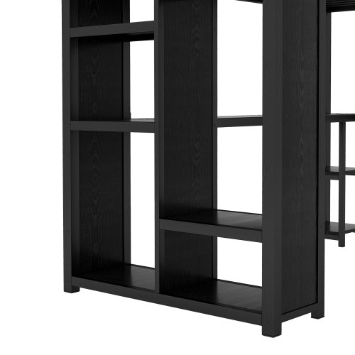 Twin XL Size Loft Bed Frame With Built-in Wardrobe, Metal Loft Bed With Desk And Storage Shelves, Black