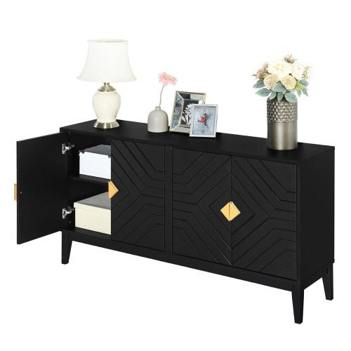 4-door Sideboard Storage Cabinet For Living And Dining Room, Two Large Cabinets With Gold Handle And Adjustable Shelves, Black