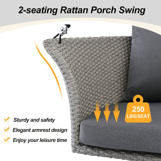GO 51.9 2-Person Hanging Seat, Rattan Woven Swing Chair, Porch Swing With Ropes, Gray Wicker And C