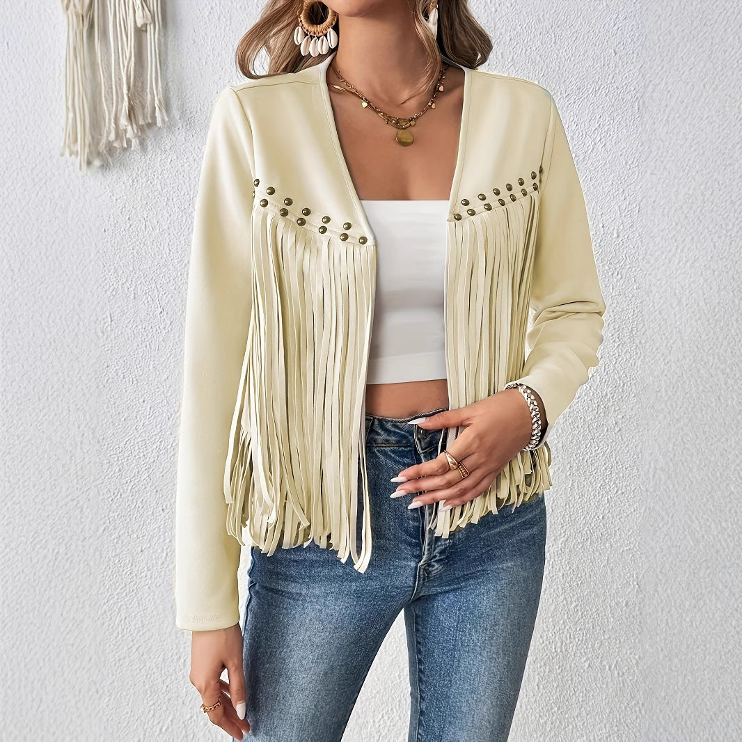 Women's Elegant Solid Color Tassel Trimmed Front Open Jacket Jacket