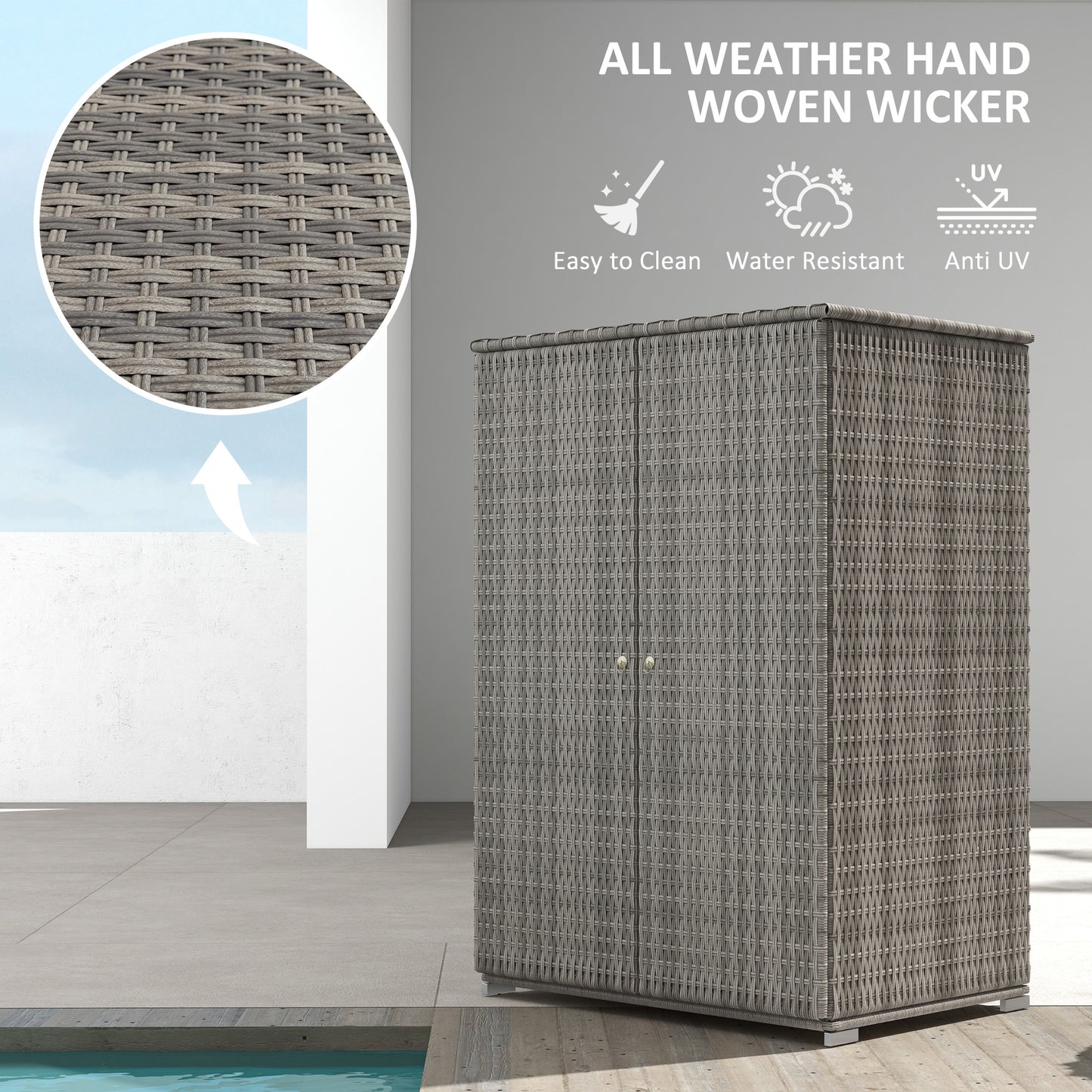 Outdoor Storage Cabinet with Shelves, Rattan Pool Towel Storage Cabinet with Removable Shelf & Drawer, Dark Gray