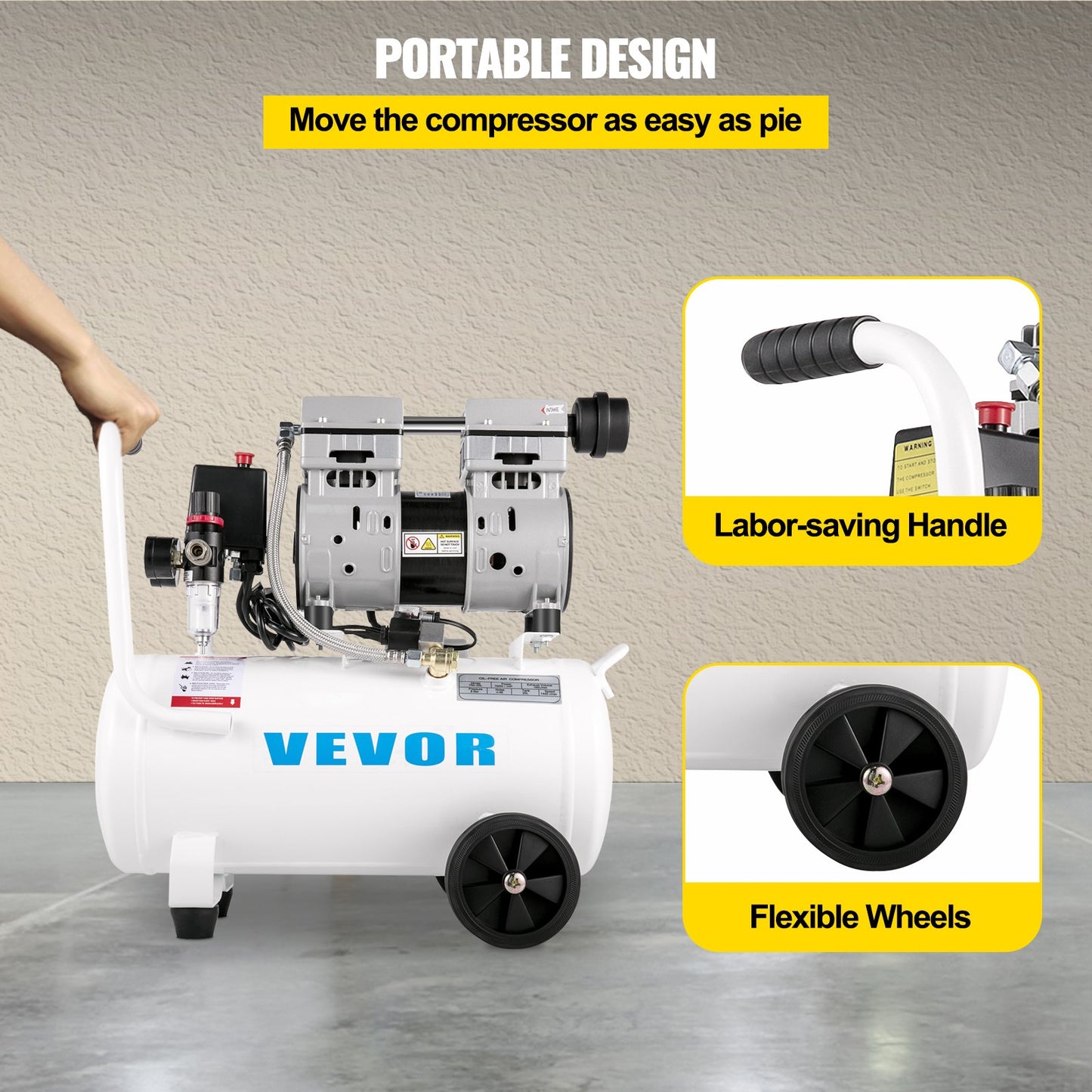 Flüsterkompressor 25 L, Leise Ölfrei Kompressor 750 W, Ölfrei Luftkompressor 60 DB, Druckluftkompressor, Silent Druckluft Kessel 165 L / Min Abgasvolumen, Mit Eingebautem Abluftventilator