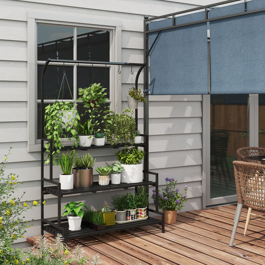 3 Tiered Plant Rack With Hanging Hooks, Tall Plant Stand For Indoor Outdoor Porch Balcony Use, Black