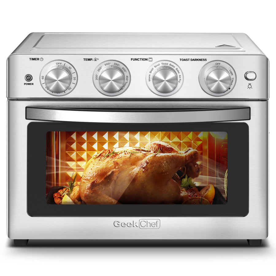 Geek Chef Heißluftfritteuse für 6 Scheiben, 26 QT, 26 l, Heißluftfritteuse, ölfrei, extragroß, Toasterofen, Kombi-Heißluftfritteuse, Braten, Backen, Grillen, Aufwärmen, Konvektion, Arbeitsplattenofen, Edelstahl