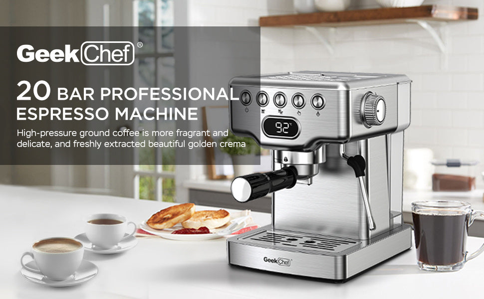 Geek Chef Espressomaschine, 20 Bar Espressomaschine mit Milchaufschäumer für Latte, Cappuccino, Macchiato, für Espressomaschine zu Hause, 1,8 l Wassertank, Edelstahl, Verbot bei Amazon