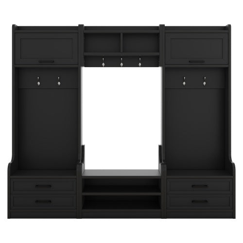 4-in-1 Detachable Hall Tree With Storage And 7 Hooks, Multiple Functions Hallway Coat Rack With Storage Drawers And Cabinet, Black Shoe Bench For Entryway Hallway