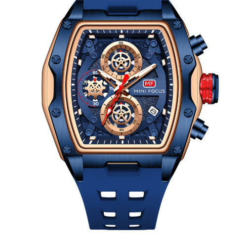 Track-Style Sports Chronograph Mens Watch With Curved Glass And Openwork Design