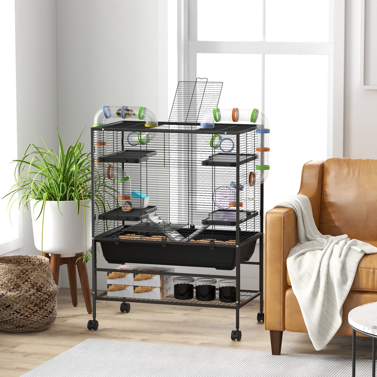 Small Animal Cage for Syrian Hamster, Gerbil Cage with Tubing System, Running Wheel, Ramps, Platforms