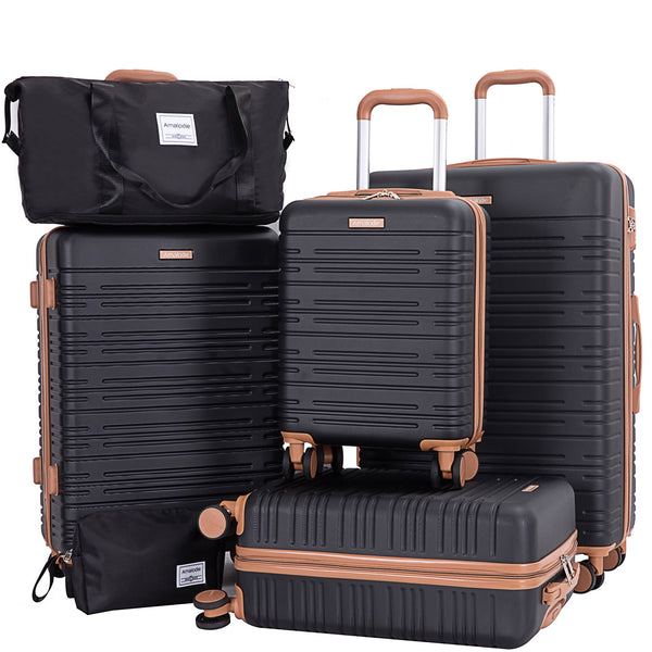 6 Piece Luggage Set, ABS Hard Shell Travel Suitcase With TSA Lock,BLACK