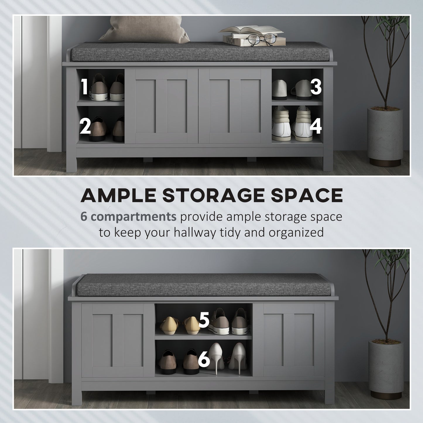 Modern Shoe Storage Bench, Entry Way Bench with Cushion, 2 Sliding Doors, Storage Ottoman Bench, Holds 10 Pairs, Gray