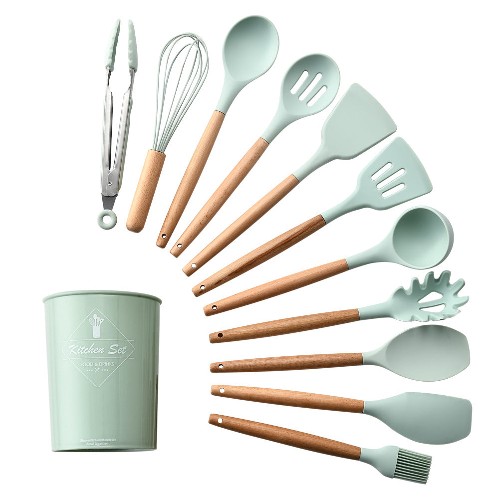 Cross-border Spot Storage Barrel Wooden Handle Silicone Kitchenware 11-piece Set Seven-color Silicone Kitchenware 11-piece Set