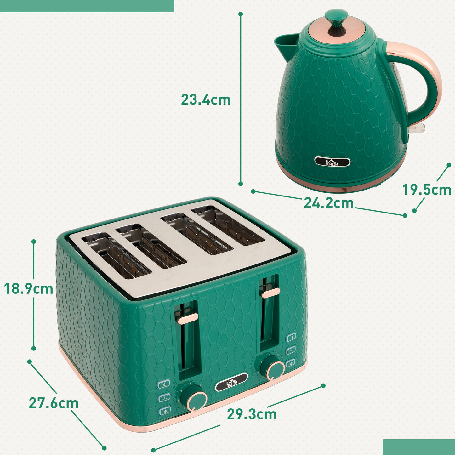 Kettle And Toaster Set, 1.7L 3000W Fast Boil Jug Kettle With Auto Shut Off, 4 Slice Toaster With 7 Level Browning Controls & Crumb Tray, UK Otter Thermostat, Green