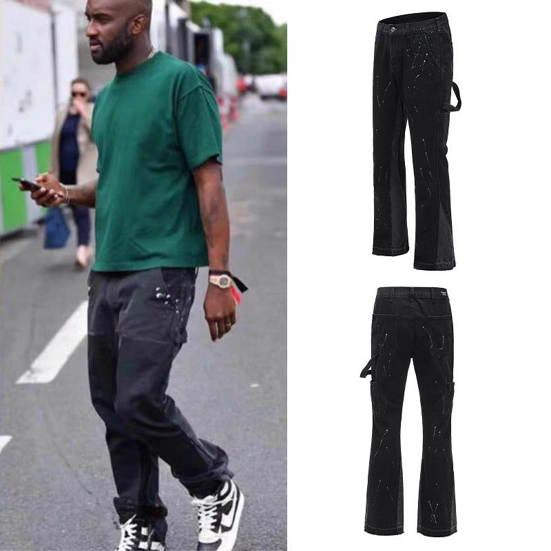 European And American High Street Style Retro Gallery Dept With The Same Structure Stitching Flared Pants Ink Streamer Jeans Men