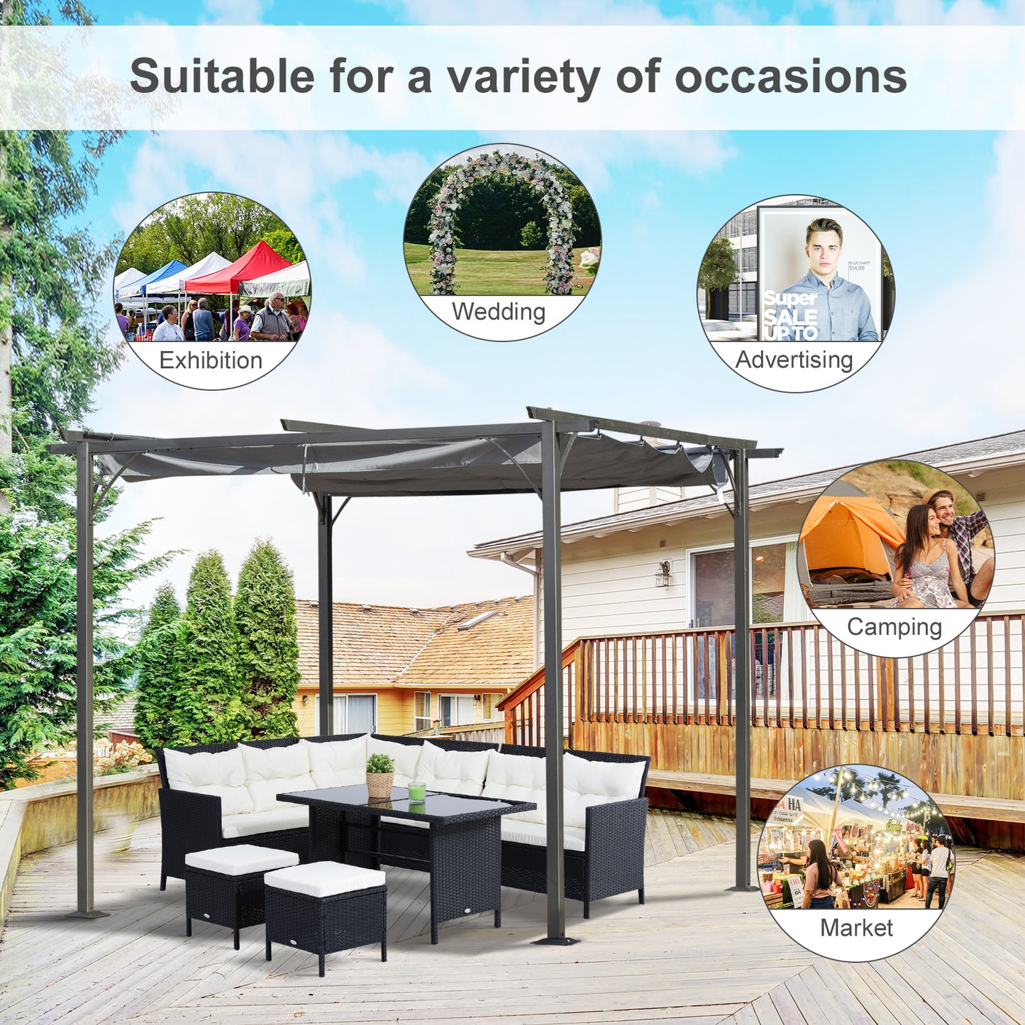 10' x 10' Outdoor Retractable Pergola Canopy, Metal Patio Shade Shelter for Backyard, Porch Party, Garden, Grill Gazebo, Gray