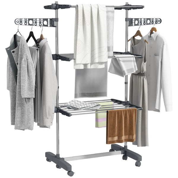 Three-Shelf Collapsing Clothes Horse, With Side Arms And Wheels - Grey