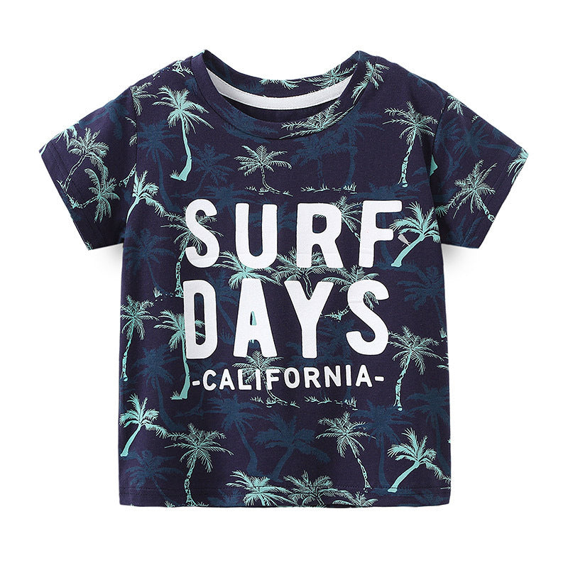 Boys Summer Short-Sleeved T-shirt Summer Children's Clothing Korean Baby Children Green Round Neck T-shirt