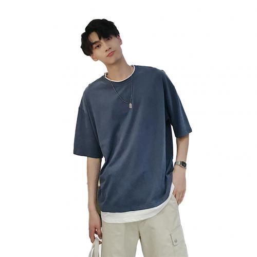 Guochao Summer Solid Color Fake Two-Piece Short-Sleeved T-Shirt Men'S Loose Half-Sleeved Round Neck Korean Style Trendy Student Compassionate
