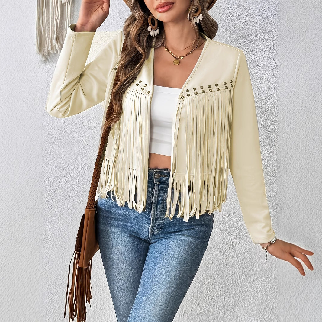 Women's Elegant Solid Color Tassel Trimmed Front Open Jacket Jacket