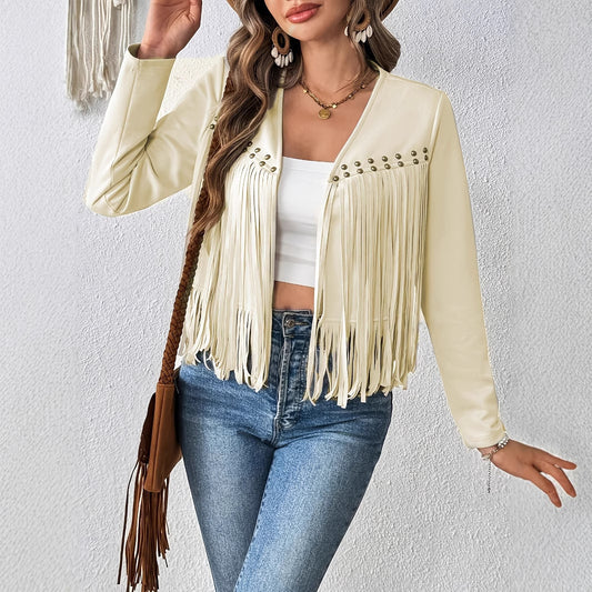 Women's Elegant Solid Color Tassel Trimmed Front Open Jacket Jacket