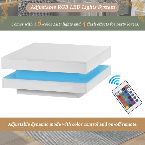 White Square High Gloss Coffee Table With 360 Rotating Top, Tea Table With 16-Color LED Light, 70x70x36 Cm