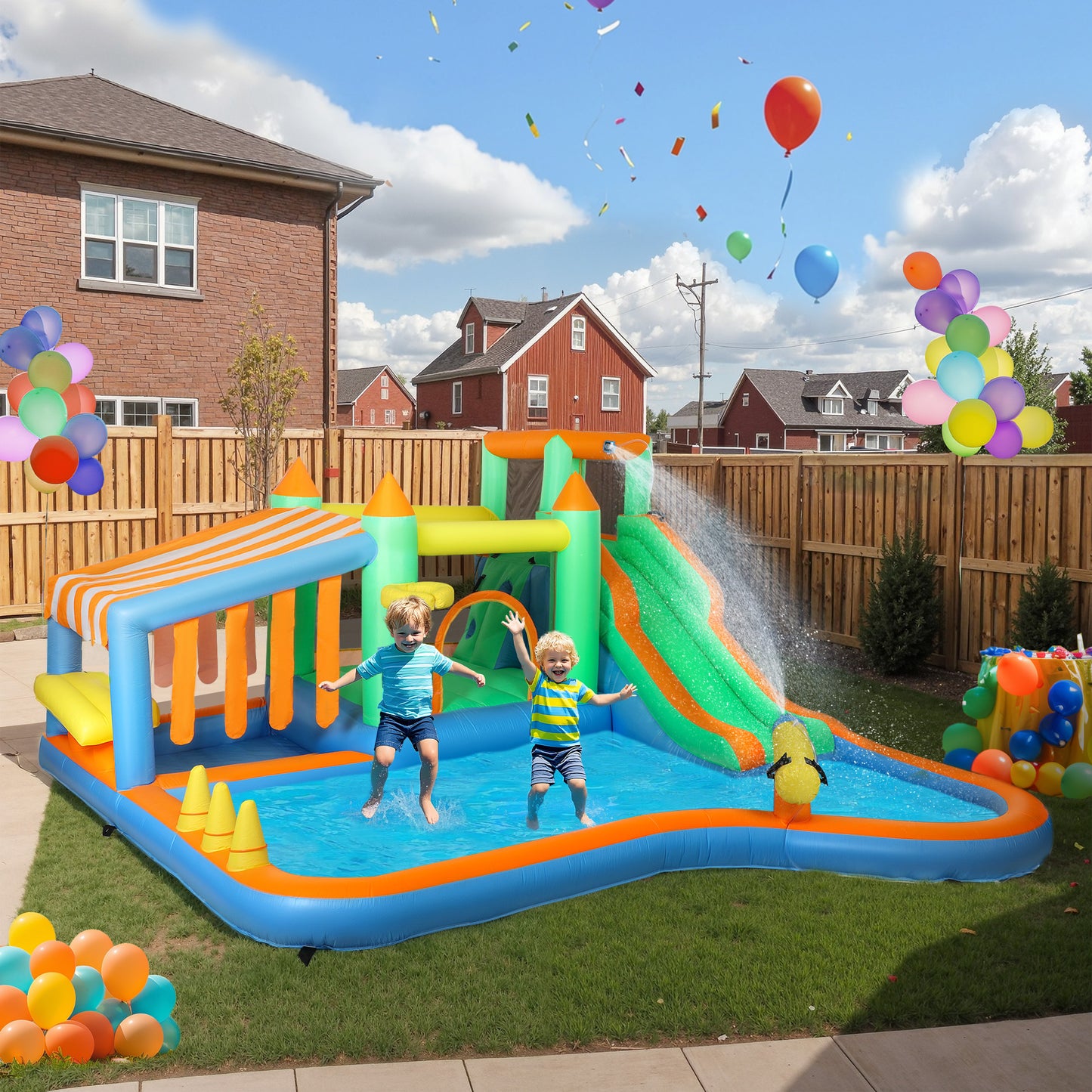 8 In 1 Inflatable Bounce House Water Slide With 680W High Power Blower, For 3-8 Years