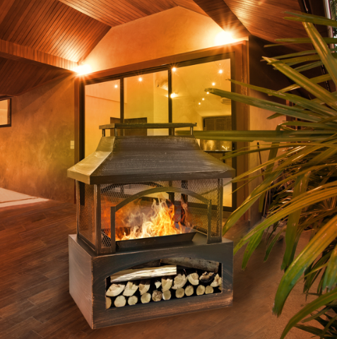 37 Inch Rectangular Metal Outdoor Wood Burning Fireplace - Outdoor Fireplace With Built-in Log Storage & Brush Stick For Log Burner Fire Pit In Patio Garden & Backyard