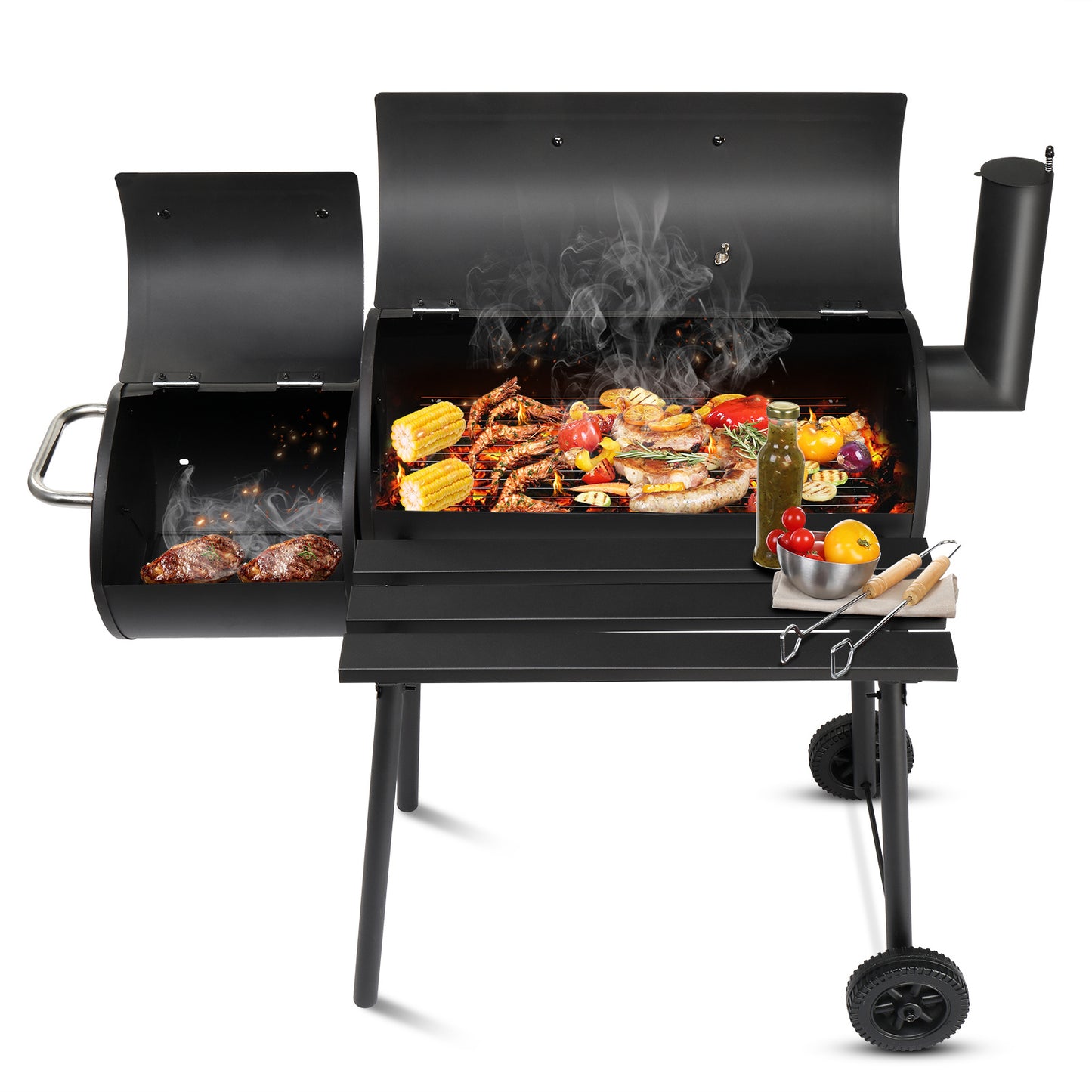 111x54x93cm Black, Double Cylinder, Wheeled, Smoked, Charcoal Grill