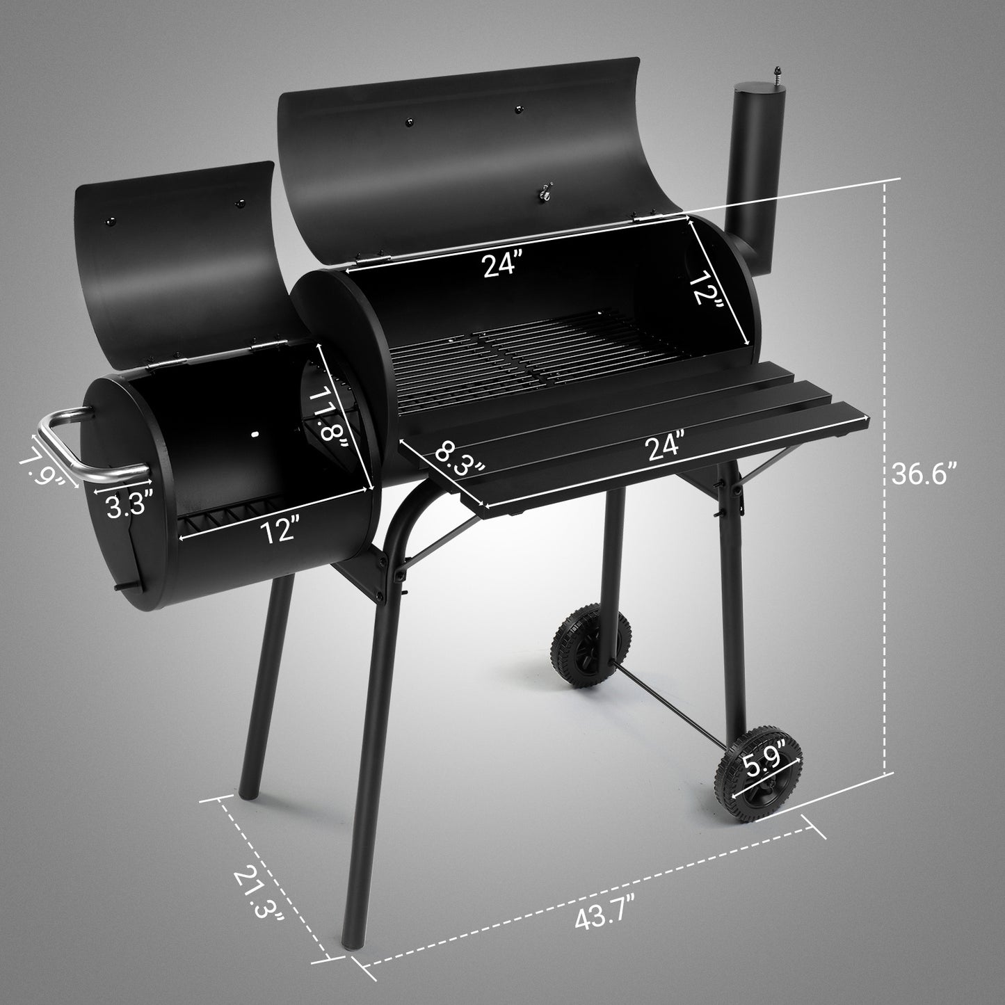 111x54x93cm Black, Double Cylinder, Wheeled, Smoked, Charcoal Grill
