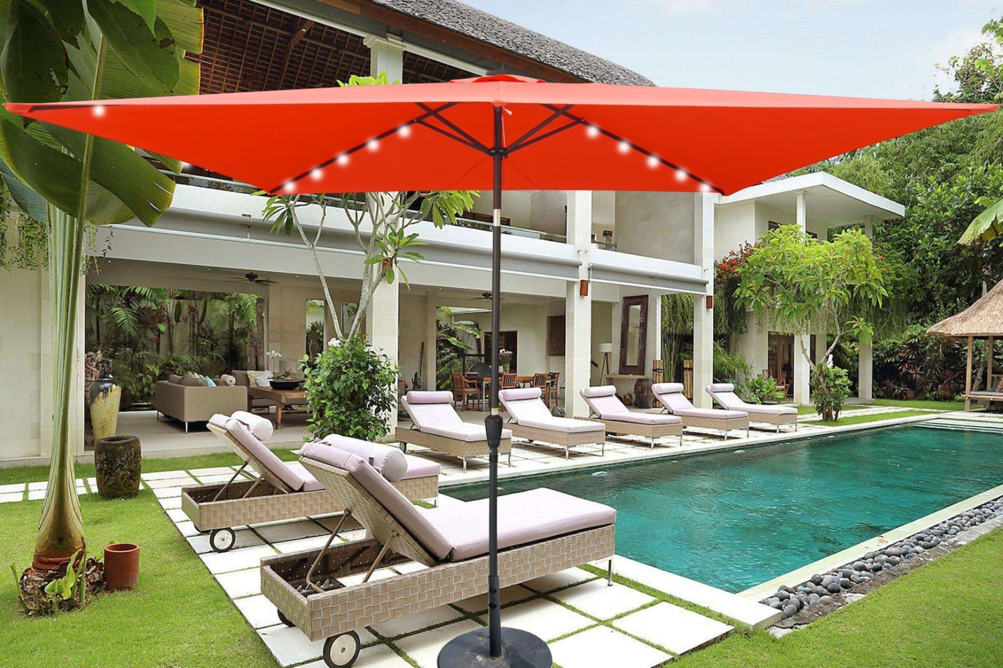 10x6.5ft Rectangular Patio Solar LED Umbrella With Crank And Push Button Tilt