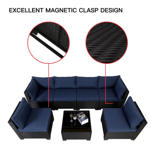 7 Pieces Outdoor Rattan Patio Sectional Set, Black Wicker Furniture Conversation Sets With Washable Cushions & Glass Coffee Table For Garden, Poolside, Backyard