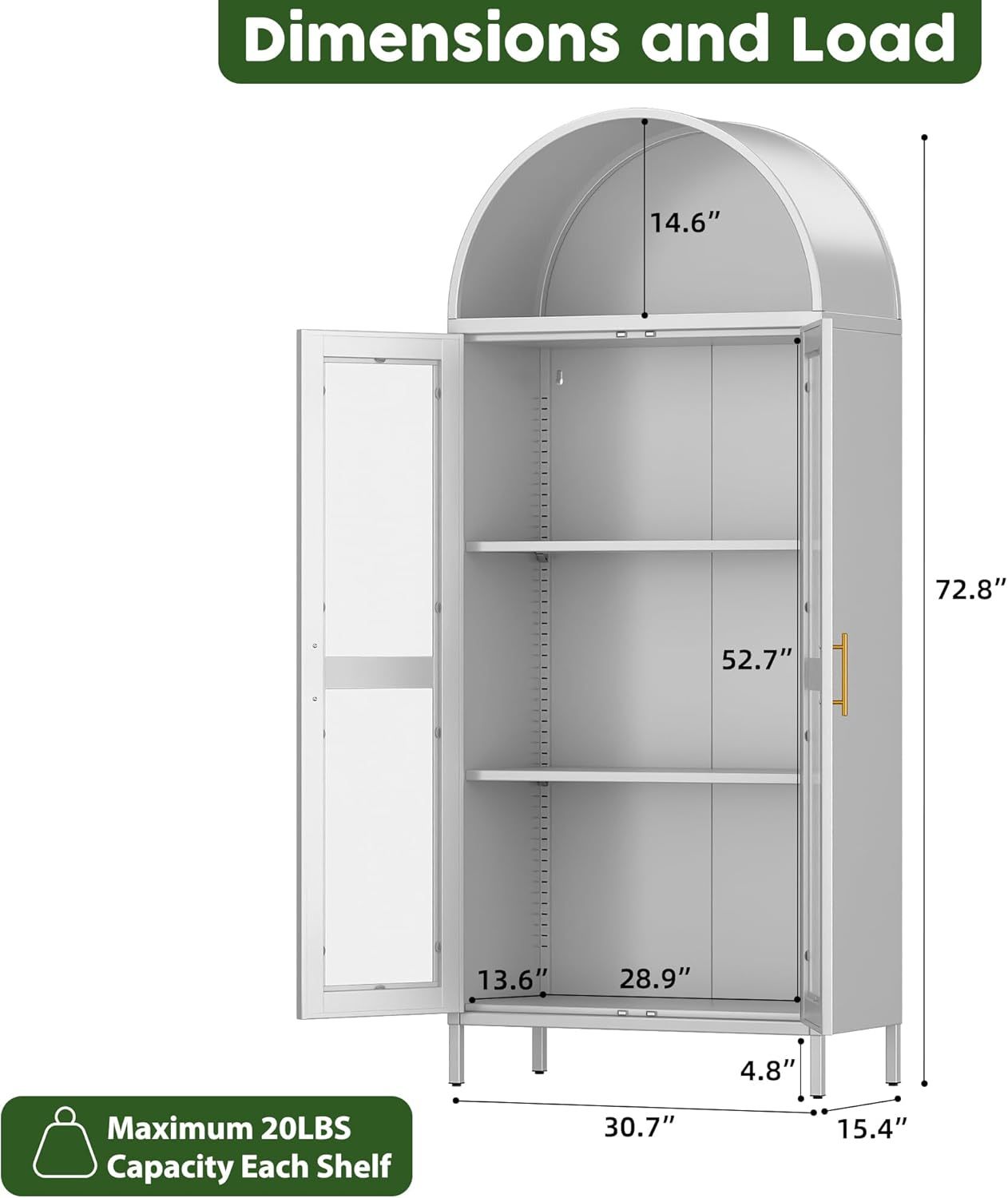 SUPEER Metal Showcase Sideboard Standing Cabinet With Arch Roof, Kitchen Cabinet With 2 Glass Doors, Glass Display Cabinet For Living Room, Bedroom, 185 X 80 X 40 Cm White