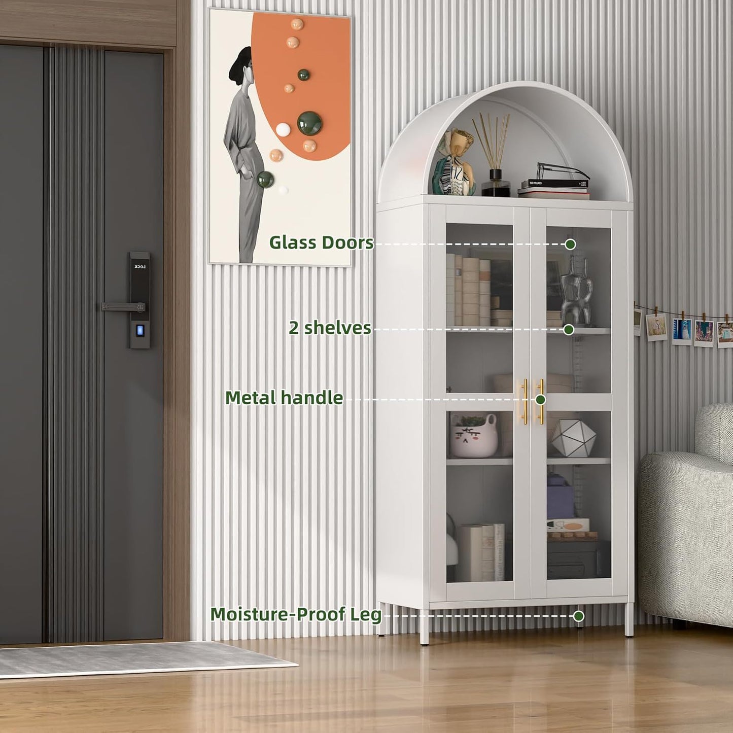 SUPEER Metal Showcase Sideboard Standing Cabinet With Arch Roof, Kitchen Cabinet With 2 Glass Doors, Glass Display Cabinet For Living Room, Bedroom, 185 X 80 X 40 Cm White